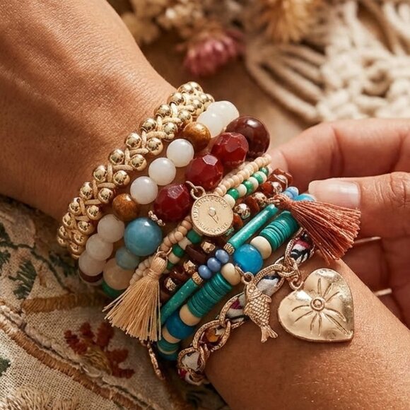 Deluxe 10PC Boho Stack Beaded Bracelet Set Gold Filled Charm Tassels India NEW - Picture 2 of 6